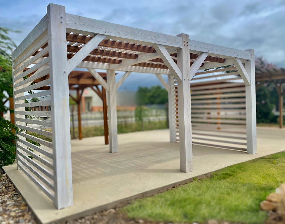 New Braunfels, Texas, Pergola, shade covering, modern style, yard, display, white stain, shade bars, wall shades