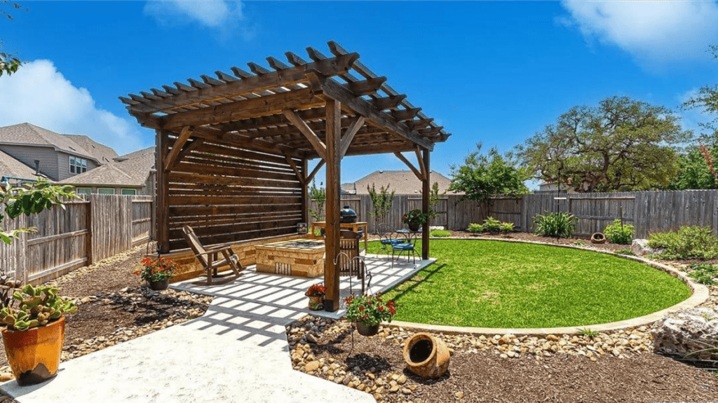 Kerrville, 14'x12', cedar, cement or concrete pad, patio furniture, barbecue or grill, residential, backwall, outdoor living, pergola kit, timber frame pergola, free standing pergola, pre fab, shade structure, building/contractor.