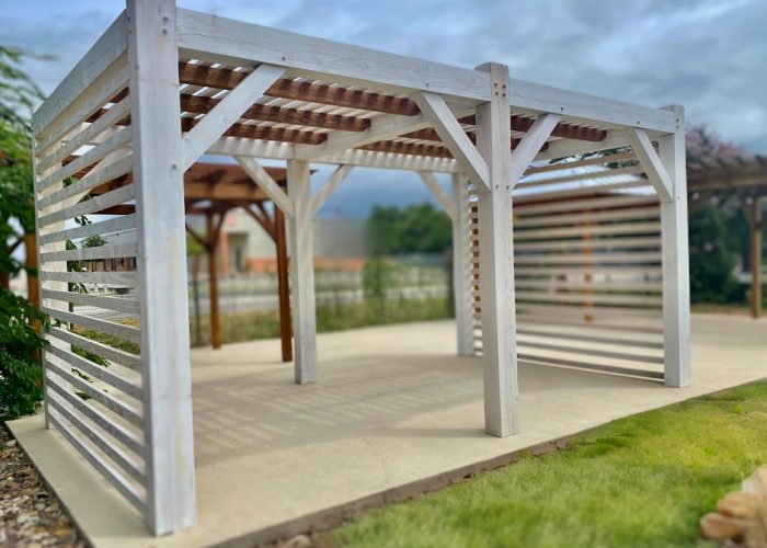 New Braunfels, Texas, Pergola, shade covering, modern style, yard, display, white stain, shade bars, wall shades