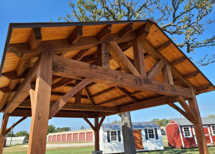 19' x 19', Half Hip Pavilion, Queen Post, Cement or Concrete Pad, Freestanding, Residential or Commercial, Outdoor Backyard, Austin, Garden Structure, Outdoor Living, Entertaining, Timber Frame Pavilion, Carport, Pavilion with columns, Pavilion Kit